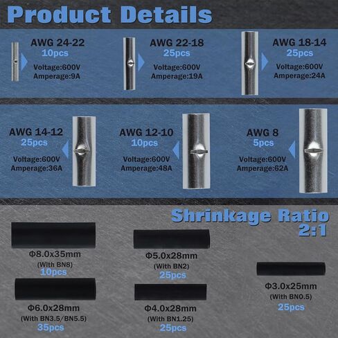 220 Pcs Non Insulated Butt Connectors Kit With Heat Shrinkable Tube Butt, 24-8AWG Seamless Uninsulated Butt, Tinned Copper Butt Splice Connector, Non Insulated Wire Connectors Crimp Terminals in Saudi Arabia