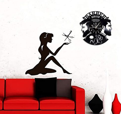 Barber Shop Wall Clock,Modern Barbershop Decoration Vinyl Record Wall Clock,Hanging Hairdresser Wall Watch for Barber Salon (1-Lamp) in Saudi Arabia