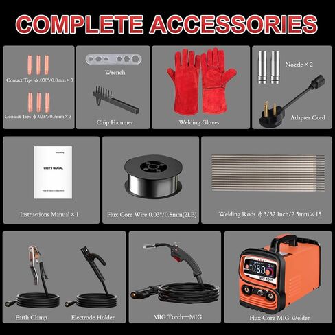 ماكينة لحام MIG 150A GNI، ماكينة لحام أساسية بجهد مزدوج 110 فولت/220 فولت/ ماكينة لحام عصا/ ماكينة لحام تآزرية TIG 3 في 1، ماكينة لحام عاكس IGBT مع شاشة LED كبيرة، ماكينة لحام MIG محمولة بدون غاز in Kuwait