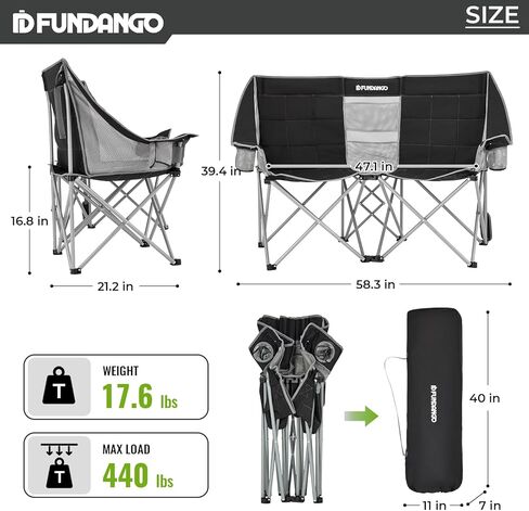Loveseat Camping Chairs Adults 2 Person Oversized Double Camping Chair for Outside Picnic Beach Travel, Love Seat Camp Chair, Oversized, Black/Grey in Kuwait