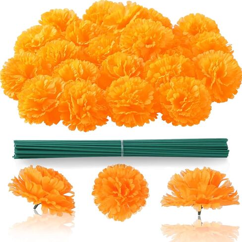 Marigold Flowers 50Pcs 2'' Silk Artificial Marigold Flowers Head Bulk for DIY Diwali Festival Indian Wedding Party Day of The Dead Dia de Los Muertos ofrenda Altar Decorations (Orange) in Saudi Arabia