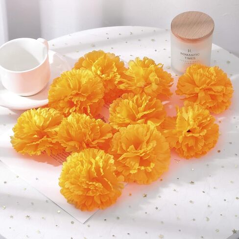 Marigold Flowers 50Pcs 2'' Silk Artificial Marigold Flowers Head Bulk for DIY Diwali Festival Indian Wedding Party Day of The Dead Dia de Los Muertos ofrenda Altar Decorations (Orange) in Saudi Arabia