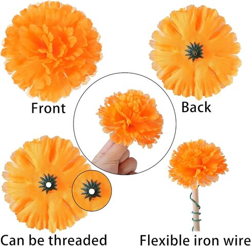Marigold Flowers 50Pcs 2'' Silk Artificial Marigold Flowers Head Bulk for DIY Diwali Festival Indian Wedding Party Day of The Dead Dia de Los Muertos ofrenda Altar Decorations (Orange) in Saudi Arabia