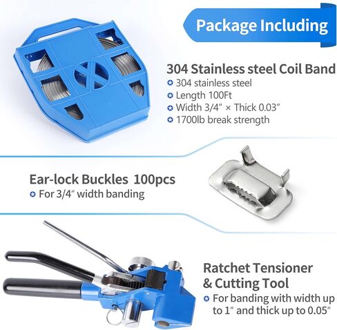 Steel Banding Strapping Kit - Steel Strapping Tool Screw-Type Tensioner&Cutter, 100Ft×3/4'' S304 Banding Coil with Blue Tray, 100ps Steel Buckles, Metal Banding Tool for High Tensile Metal Packing in Saudi Arabia