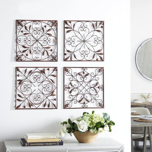 Deco 79 Metal Fleur De Lis Home Wall Decor Wire Scroll Wall Sculpture with Gold Accents, Set of 4 Wall Art 16"W, 16"H, Brown in Saudi Arabia