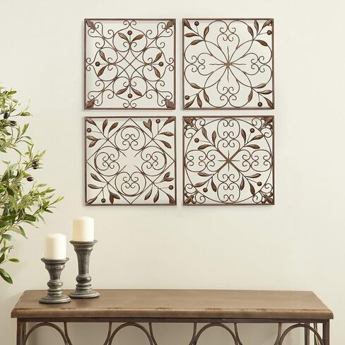 Deco 79 Metal Fleur De Lis Home Wall Decor Wire Scroll Wall Sculpture with Gold Accents, Set of 4 Wall Art 16"W, 16"H, Brown in Saudi Arabia