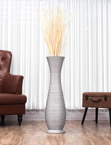 Leewadee Large Floor Vase – Handmade Flower Holder Made of Wood, Sophisticated Vessel for Decorative Branches and Dried Flowers, 36 inches, Silver-Coloured in Saudi Arabia