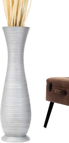 Leewadee Large Floor Vase – Handmade Flower Holder Made of Wood, Sophisticated Vessel for Decorative Branches and Dried Flowers, 36 inches, Silver-Coloured in Saudi Arabia
