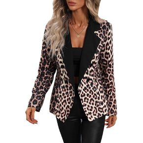 WDIRARA Women's Leopard Print Lapel Collar Double Button Elegant Jacket Blazer