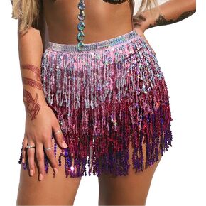 PrettyGuide Women's Sequin Skirt Glitter Belly Dance Hip Skirt Tassel Scarf Rave Skirt Wrap Party Costume