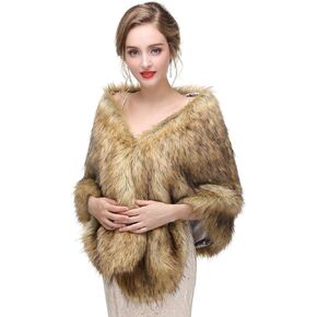 Bridal Faux Fur Wrap Wedding Fur Stole with Brooch Evening Party Warm Shrug Cape