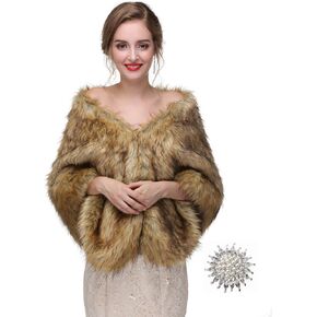 Bridal Faux Fur Wrap Wedding Fur Stole with Brooch Evening Party Warm Shrug Cape