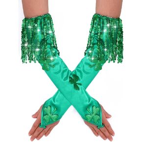 Kakaco Sparkly Sequins Gloves Green St. Patrick's Long Gloves Clover Fingerless Gloves Festival Gloves Cosume for Women and Girls