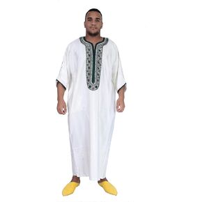 Moroccan Men Kaftan Handmade Thobe Long Gown White With Delicate Green Embroidery