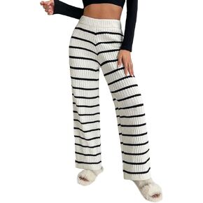 Verdusa Women's Elastic High Waist Stripe Print Knitted Lounge Sweater Pants