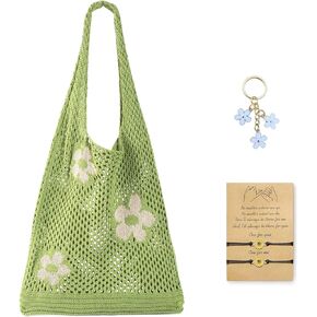 Crochet Tote Bag Aesthetic Mesh Beach Bag Pool Bag Fairycore Hobo Bags with Cute KeyChain Sunflower Bracelet