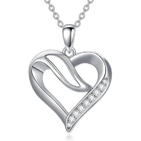 Natural Diamond Heart Necklace for Women, 18K White Gold Plated 925 Sterling Silver Heart Pendant Love Jewelry Gifts for Wife, Mom, Girls, Daughter 18"+2" in Kuwait