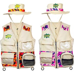Safari Kidz Outdoor Explorer Kit - Orange and Pink Camouflage Cargo Vest and Hat Set, Backyard Nature Adventures, Washable Costume for children, Bundle (4 items)