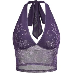 SOLY HUX Women's Floral Print Rhinestone Y2K Halter Top Sleeveless Tie Backless Fitted Summer Crop Tops