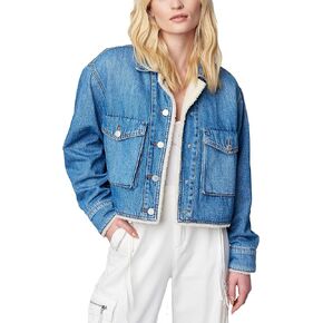 [BLANKNYC] womens Luxury Clothing Cropped Denim Jacket With Sherpa Lining Detail, Comfortable & Stylish Coat