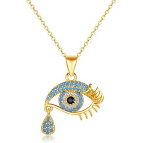 Solid 14K Gold Over 925 Silver Moissanite Evil Eye Pendant Necklace for Women,Dainty Blue Evil Eye Tear Drop Choker Necklace,Fashion Christmas Jewelry Gift for Her