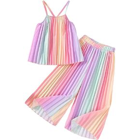 BEAUDRM Girl's 2 Piece Outfits Rainbow Ombre Pleated Spaghetti Strap Crop Top and Wide Leg Pants Sets