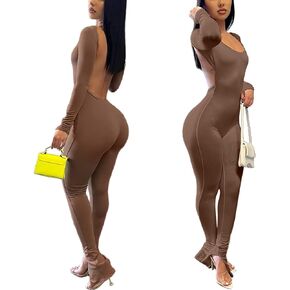 Annystore Women's Sexy Long Sleeve Bodycon Jumpsuit Backless Split Hem Flare Pants One Piece Outfits Rompers Party Clubwear