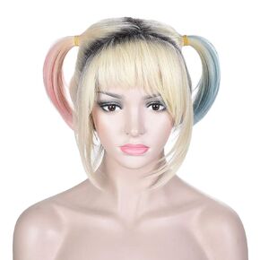 Morvally Short Blonde Dark Roots Synthetic Hair Wig with Two Pink and Mint Green Pigtails Wig for Cosplay Costume Halloween