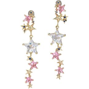 Crystal Long Star Dangle Earrings for Women Girls 925 Sterling Silver Post Pin 14K Gold Plated Shiny Tassel CZ Stars Celestial Charms Drop Dangle Stud Lightweight Fashion Birthday Wedding Party Jewelry Gifts