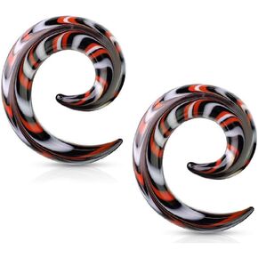 Pierced Owl - Black, Red, and White Swirled Glass Spiral Tapered Hanger Ear Plugs, Sold as a Pair