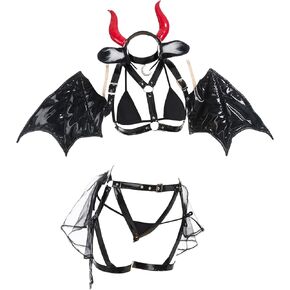 MEOWCOS Women's Sexy Lingerie Set with Belt Set and Wings Headband Necklace
