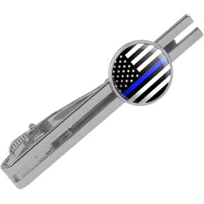 Thin Blue Line American Flag Round Tie Bar Clip Clasp Tack Silver Color Plated