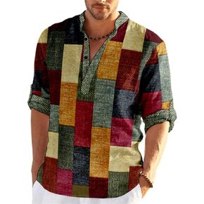 QIVICIMA Men's Casual Button-Down Short Sleeve Shirts Cotton Linen Henley Shirt Long Sleeve Plaid Check Hawaiian Casual Beach T Shirts Yellow 3XL