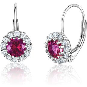 MASSETE Sterling Silver 925 Halo Earrings Leverback for Women and Girls Brilliant Round Premium Simulated Birthstone