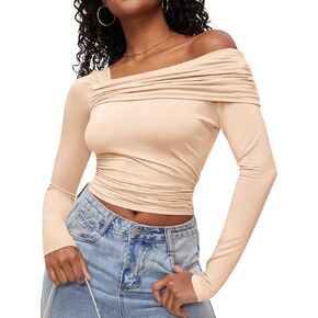 Rapbin Womens One Off Shoulder Long Sleeve Tops Ruched Y2K Slim Fit Shirts Going Out Top