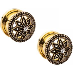 Gold PVD Plated Antiqued Finish Pointed Petal Flower with Clear CZ Crystals Screw Fit Plugs, Sold as a Pair
