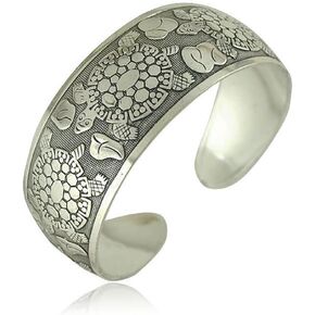Tibeten Silver Carved Spiral Flower Connecting Branches Ethnic Elephant Turtle Wide Bracelet Pattern Wide Band Open Cuff Bangle for Women Girl Gifts Party Jewelry