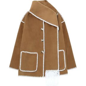 سترة وشاح مطرزة للنساء من SeekMe معطف كبير الحجم من مزيج الصوف بأزرار سفلية ملابس خارجية شتوية مع وشاح شرابة (1818-CamelX1-L-FY) in Kuwait