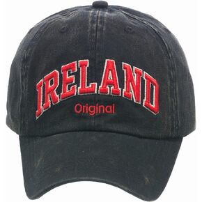 Black Baseball Cap with Red/Beige Ireland Text, with Adjustable Strap