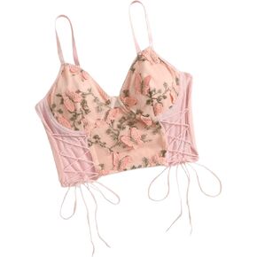 SweatyRocks Women's Embroidery Lace Up Crop Cami Top Spaghetti Strap Fitted Camisole Crop Tops in Kuwait