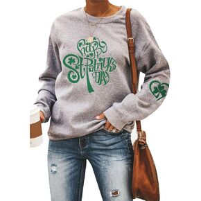 YMING Women's St. Patricks Day Loose Fit Sweatshirt Irish Clover Print Long Sleeve Pullover Shamrock Round Neck Shirt Tops