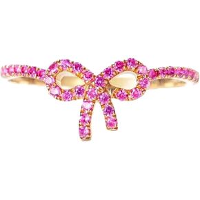 Pink Bow Ring for Women Girls 14K Gold Bow Rings Cubic Zirconia Ribbon Pink Bowknot Ring Valentine's Day Gifts for Girls Women