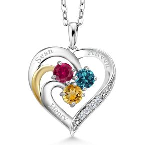 Build Your Own 925 Sterling Silver and 10K Yellow Gold Engraved Customized and Personalized 3-Stone Round Gemstone Birthstone and White Lab Grown Diamond Pendant Necklace For Women with 18 Inch Chain