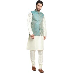 Silk Cream Kurta Churidar with Self Woven Jacquard Nehru Jacket Set, Ethnic Traditional Wear