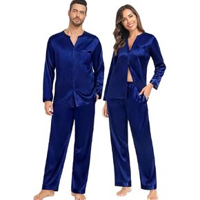 SWOMOG Couple Pajamas Set Silk Matching Pjs Satin Button Down Loungewear Long Sleeve Shirt and Pants Sleepwear for Family