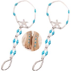 Kenjudess Bohemian Handmade Starfish Barefoot Sandals 2pcs Summer Beach Foot Chain with Toe Ring for Bride Wedding Pearl Beaded Anklet Bracelet Accessory for Women Girls