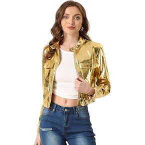 Allegra K Christmas Metallic Cropped Jacket for Women's Stand Collar Zip Up Shiny Holographic Jackets