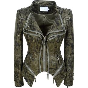 Fashion SX Women's Snake Pattern Rivet Studded PU Faux Leather Jacket Moto Biker Coat