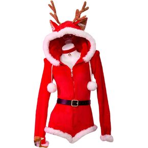 Women Christmas Reindeer Style Romper Red Santa Onesie Furry Hooded Bodysuit Homewear Jumpsuit Pajamas