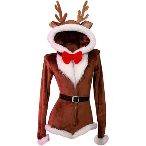 Women Christmas Reindeer Style Romper Red Santa Onesie Furry Hooded Bodysuit Homewear Jumpsuit Pajamas